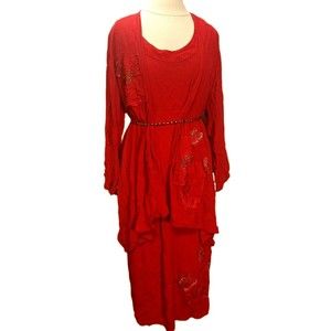 Vintage Red Rayon Dress with Matching Jacket Beaded Butterflies Boho Island Wear